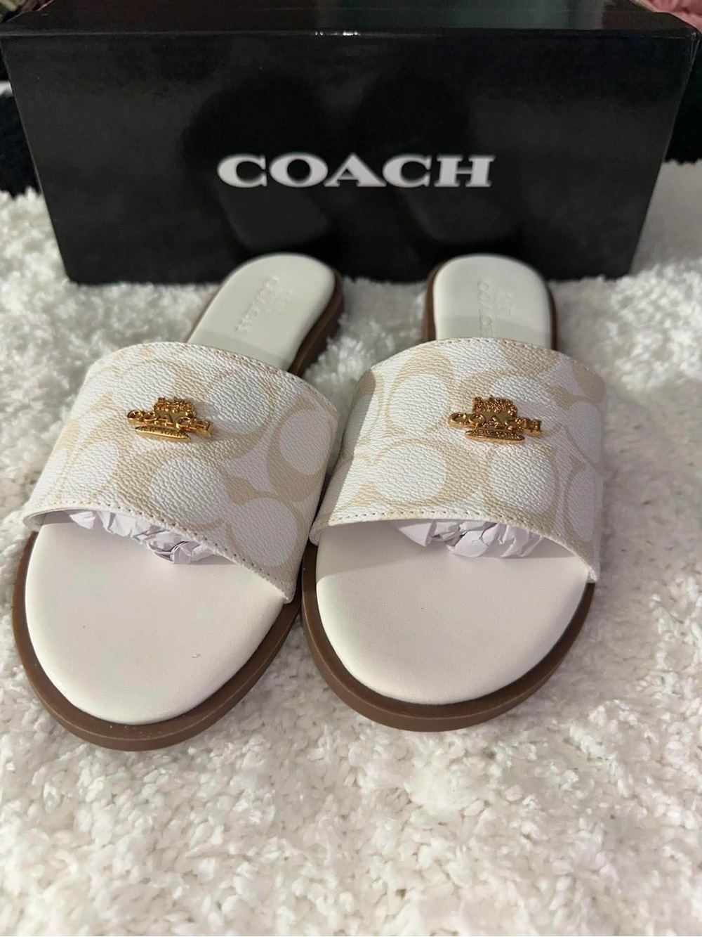 Coach White Cream Logo Slide Sandals with Gold Accent